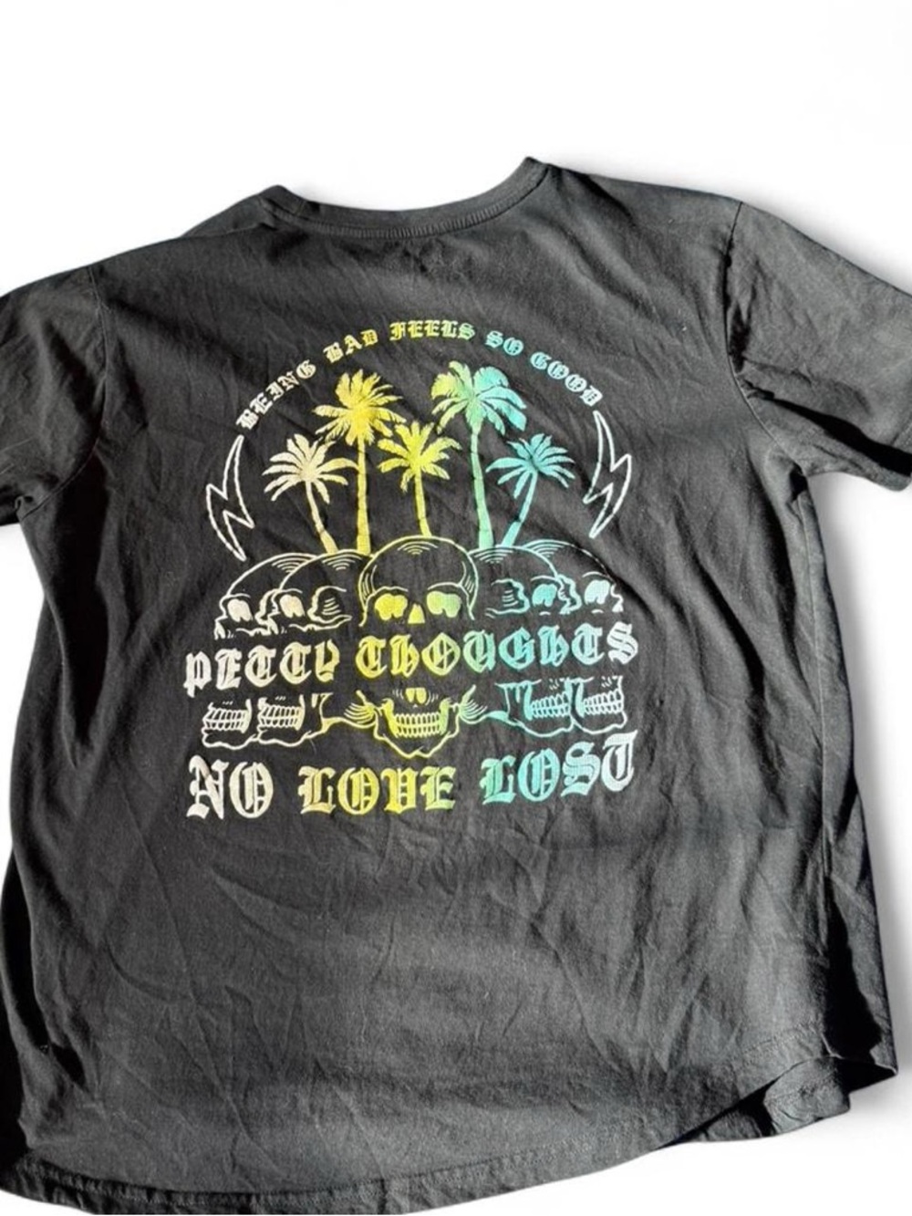 Black Short Sleeve Graphic Tee with Pastel Palm & Skull Design